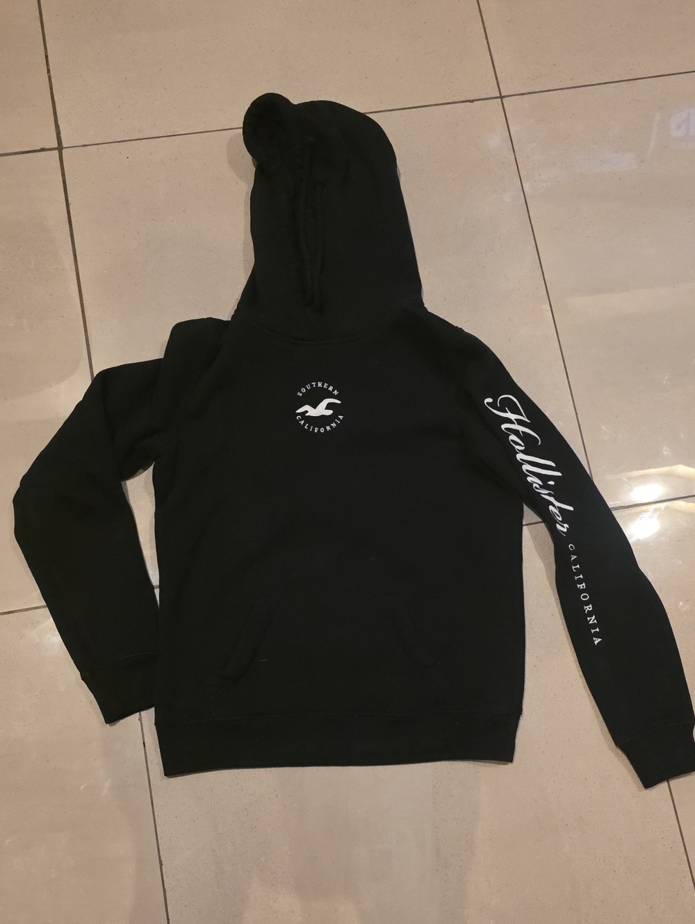 Hollister Black Pullover Hoodie with White Logo and Script